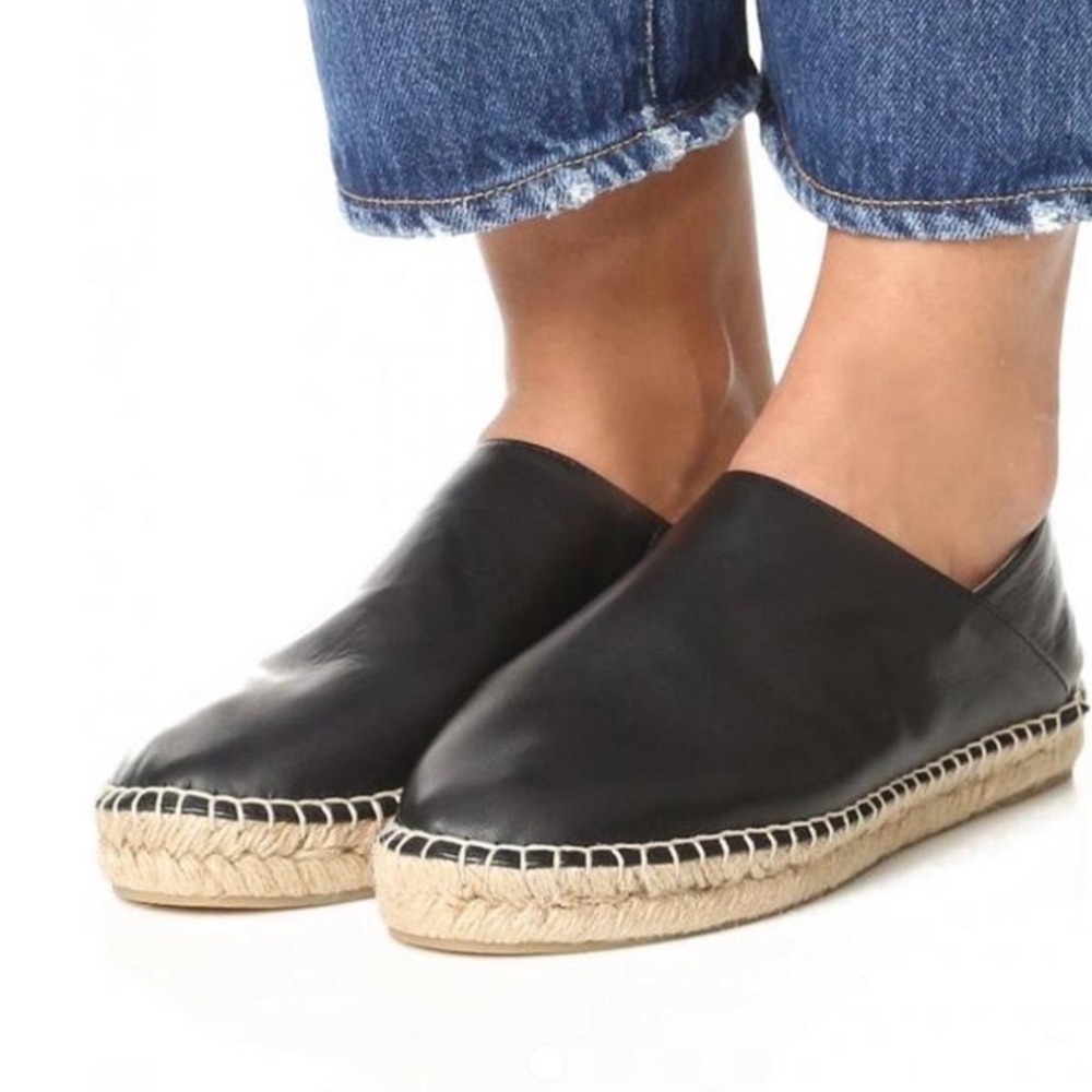 Vince Black Leather Espadrille Slip On Flats Loafers Sz 6 Made in Spain Minimal